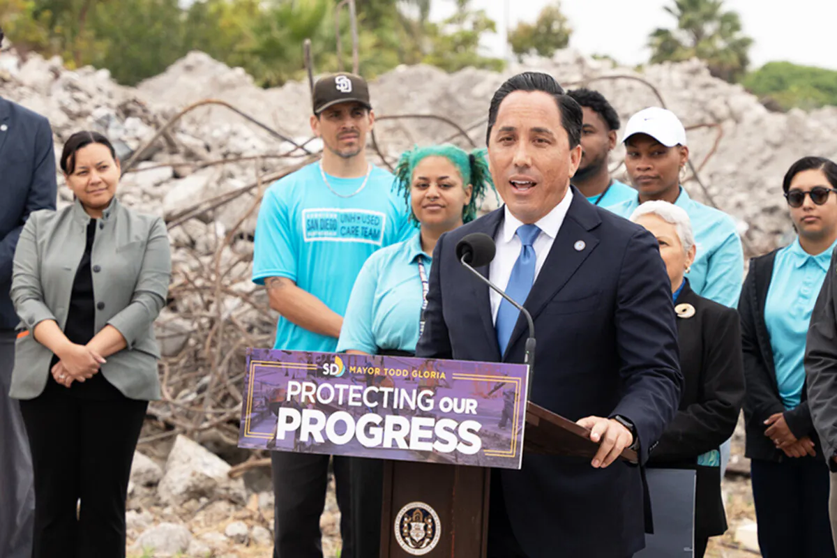 San Diego Mayor Todd Gloria speaks at a press conference at H Barracks site to be converted into a Safe Parking Site for the homeless on June 6, 2024. (Jane Yang/The Epoch Times)