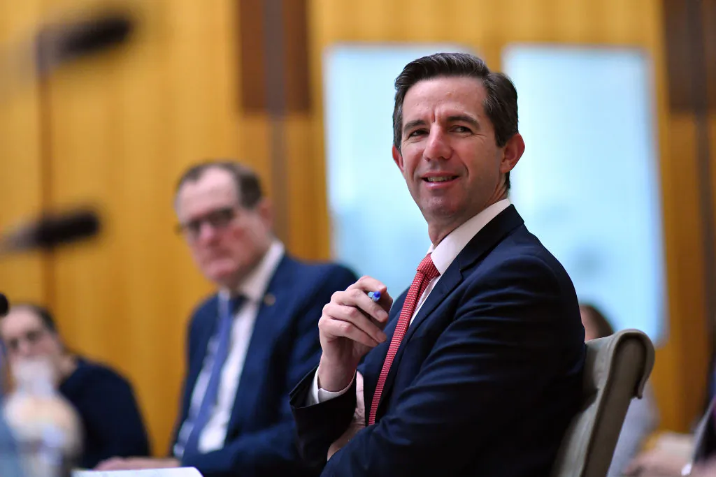 Senator Simon Birmingham during the Economics Legislation Committee Budget Estimates 2021–22 at Parliament House in Canberra, Australia, on June 2, 2021. (Sam Mooy/Getty Images)