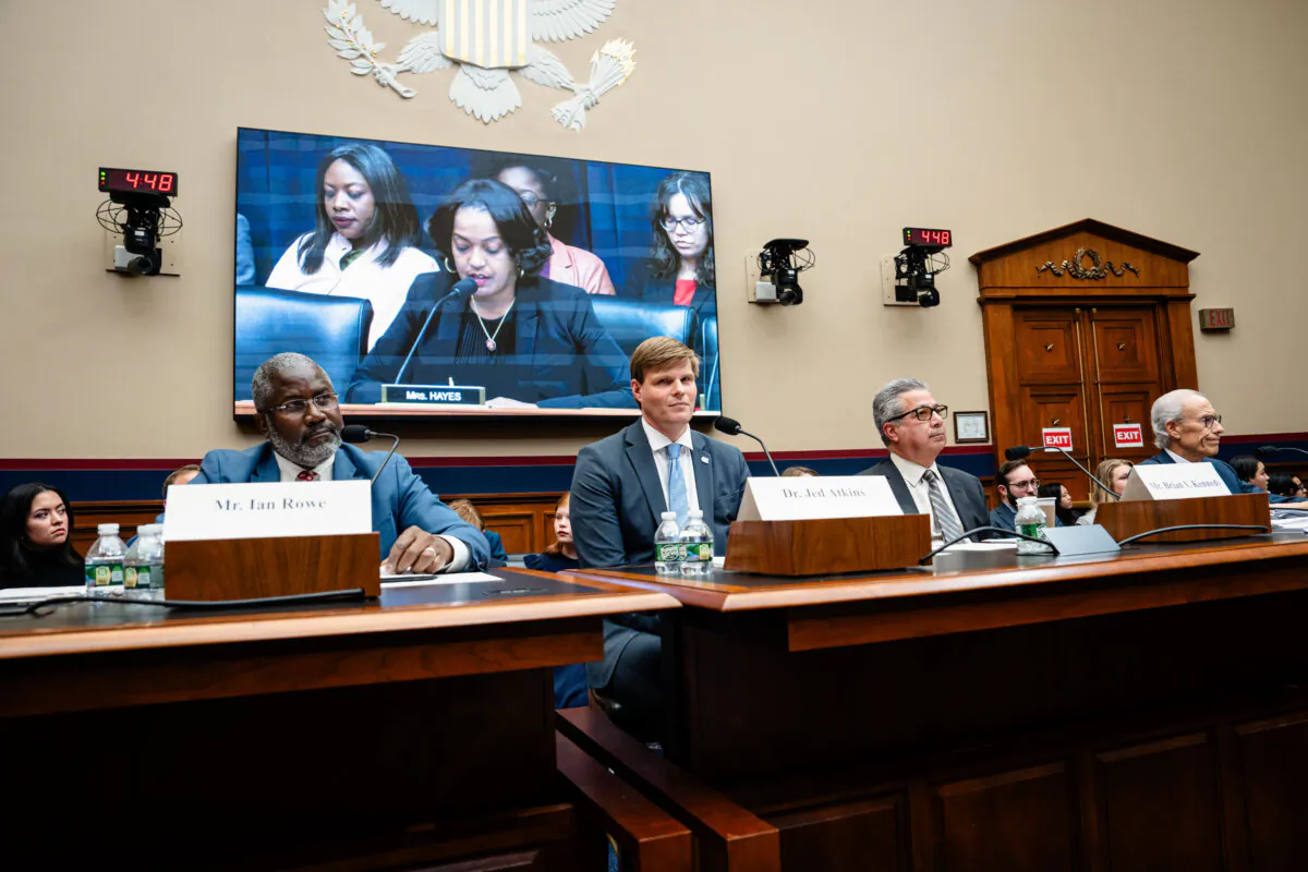 A panel of experts, (L-R) Ian Rowe of the American Enterprise Institute, Jed Atkins of the University of Chapel Hill in North Carolina, Brian Kennedy of the International Union of Bricklayers and Allied Craftworkers, and Michael Weiser of the Jack Miller Center, addressed the House Education and the Workforce Subcommittee on Early Childhood, Elementary, and Secondary Education during a hearing on Capitol Hill in Washington, on Dec. 4, 2024. (Madalina Vasiliu/The Epoch Times)