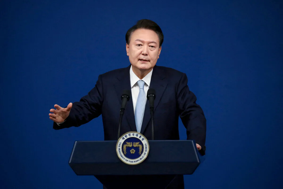 South Korean President Yoon Suk Yeol delivers a speech during his briefing on state affairs at a press conference at the presidential office in Seoul, South Korea, on Aug. 29, 2024. (Chung Sung-Jun/Pool via Reuters)