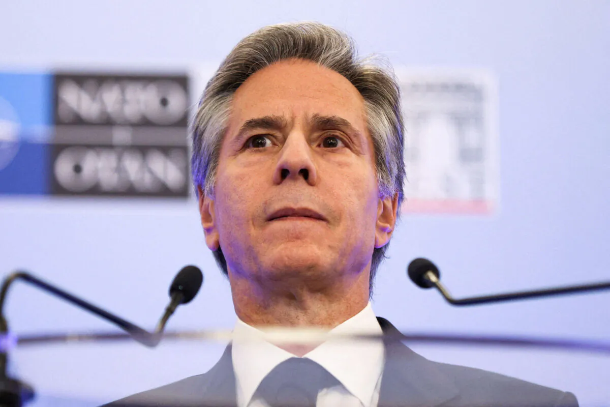 Secretary of State Antony Blinken looks on during a news conference at the NATO foreign ministers' meeting in Bucharest, Romania, on Nov. 30, 2022. (REUTERS/Stoyan Nenov/File Photo)