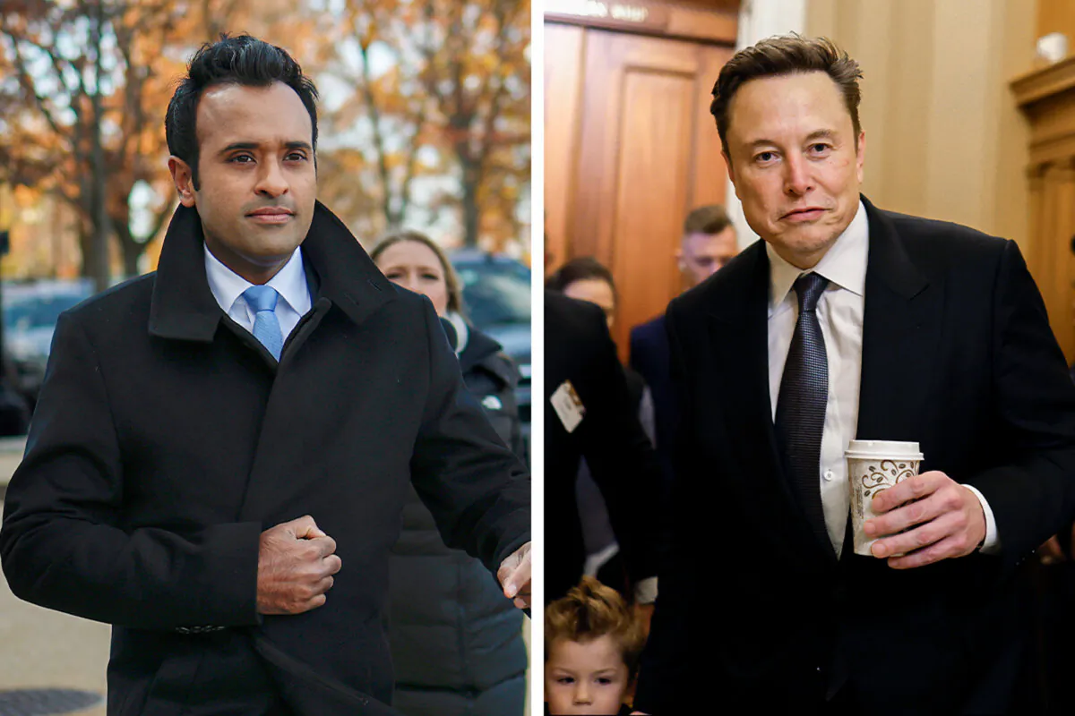 (Left) Businessman Vivek Ramaswamy, and (Right) Tesla Motors CEO Elon Musk, co-chairs of the newly announced Department of Government Efficiency, arrive on Capitol Hill on Dec. 5, 2024. (Anna Moneymaker/Getty Images)