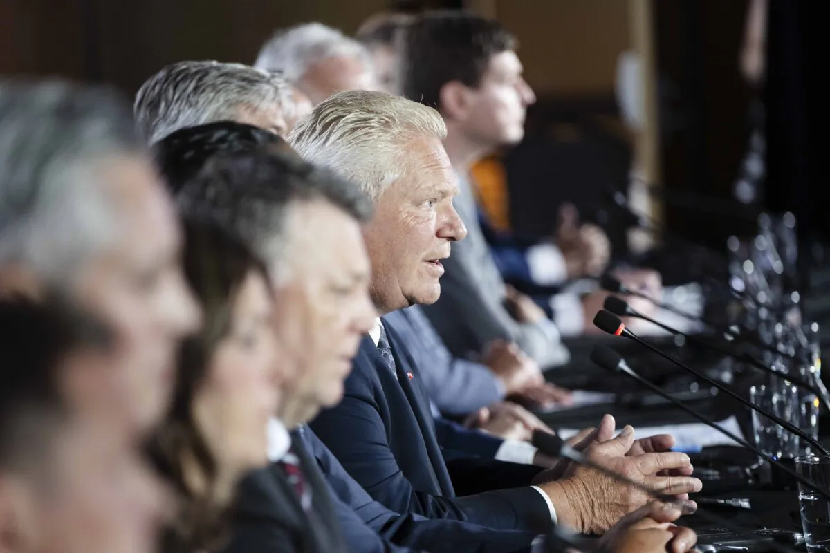 Ontario Premier Doug Ford speaks to reporters as Canada's premiers hold a press conference to close the Council of the Federation meetings in Halifax on July 17, 2024. (The Canadian Press/Darren Calabrese)