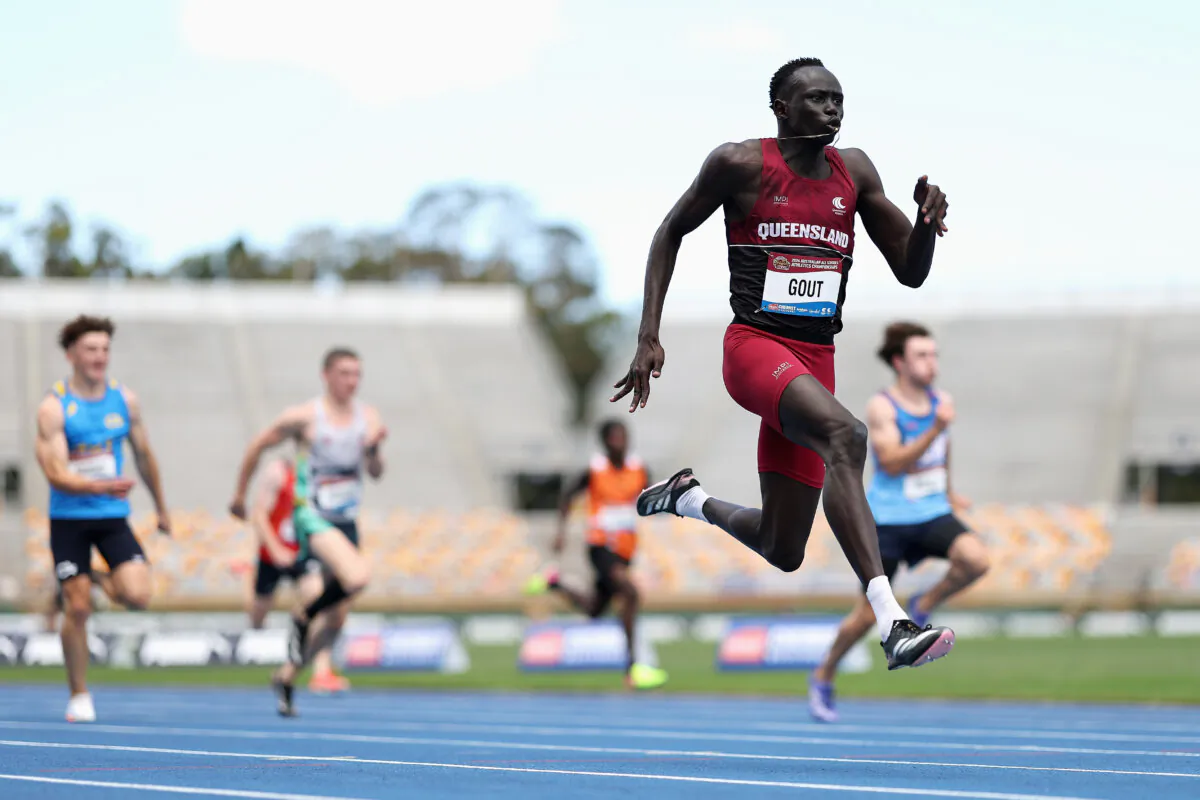 Gout Gout of Queensland wins his Boys' U18 100m heat in 10.04 seconds with a +3.4 tail-wind during the 2024 Chemist Warehouse Australian All Schools Athletics Championship at Queensland Sport and Athletics Centre in Brisbane, Australia on Dec. 6, 2024. (Cameron Spencer/Getty Images)of