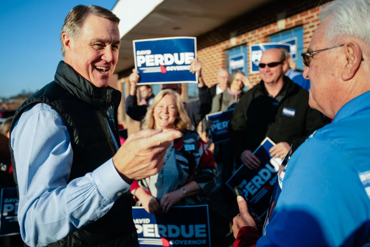 Former Sen. David Perdue (R-Ga.) launches his gubernatorial bid in Dalton, Ga., on Feb. 1, 2022. (Elijah Nouvelage/Getty Images)