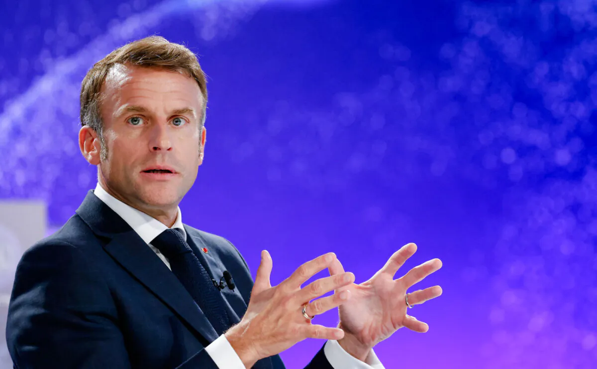 French President Emmanuel Macron speaks at the "Berlin Global Dialogue 2024" event at the European School of Management and Technology (ESMT) in Berlin, Germany, on Oct. 2, 2024. (Ludovic Marin/AFP/Getty Images)