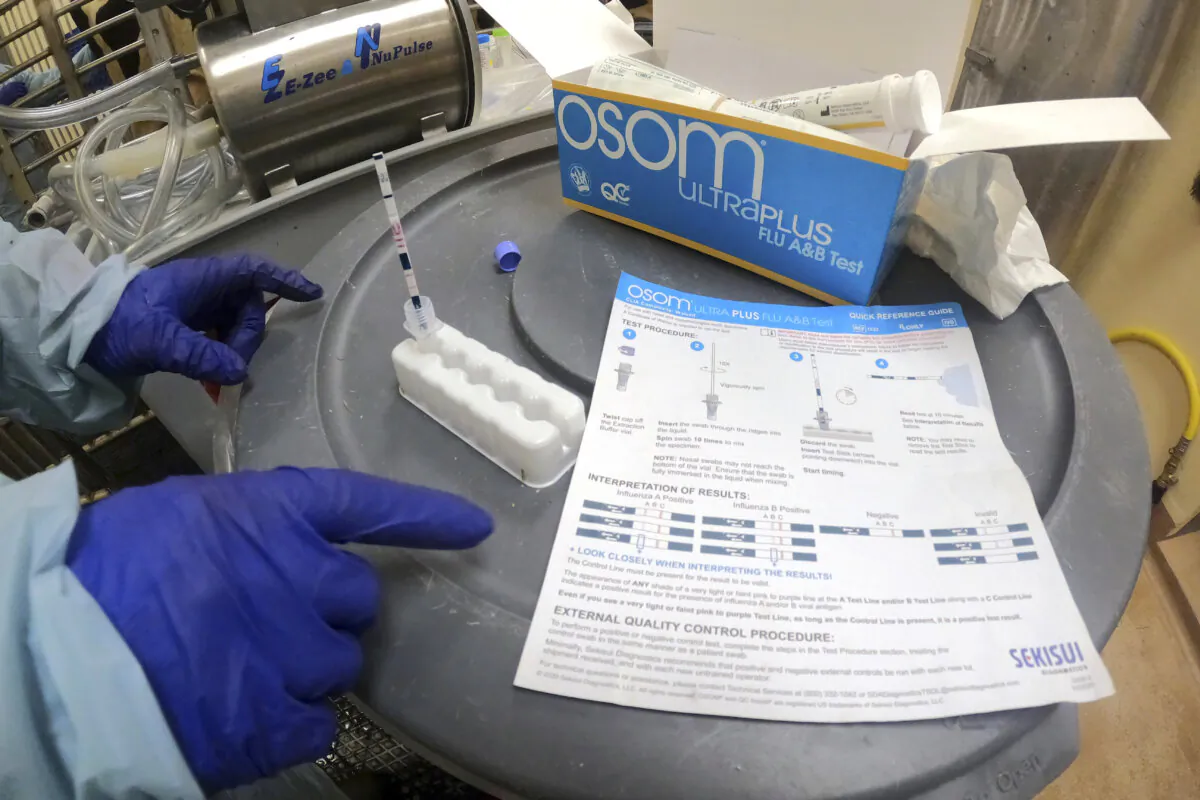 A researcher performs a rapid antigen test on milk from a dairy cow inoculated against bird flu in a containment building at the National Animal Disease Center research facility in Ames, Iowa, on July 29, 2024. (USDA Agricultural Research Service via AP, File)