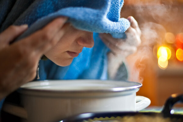 Breathing over a simple pot of boiled water with a small handful of dried chamomile flowers, and a towel over my head to create a sauna-like chamber.