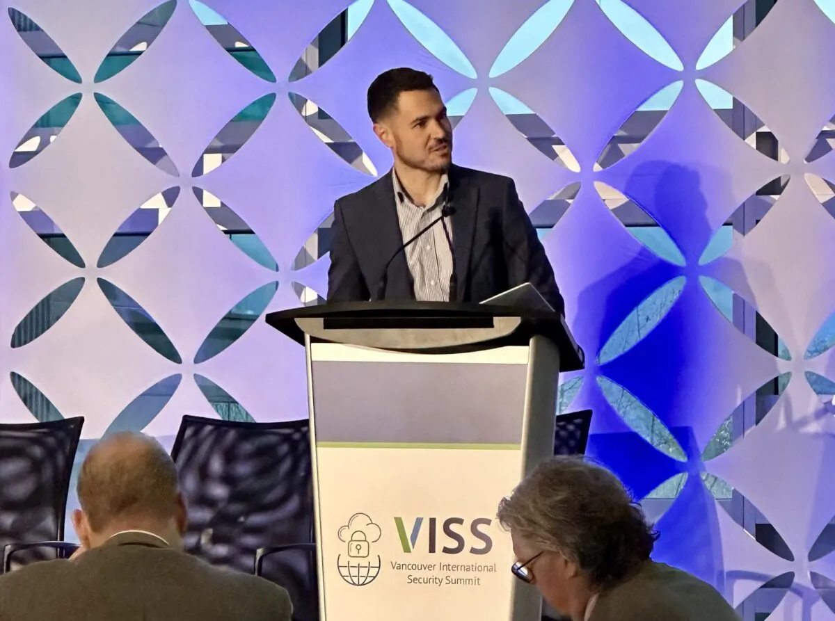 Port Coquitlam Mayor Brad West speaks at the Vancouver International Security Summit on Nov. 26, 2024. (Vivian Yu/NTD)