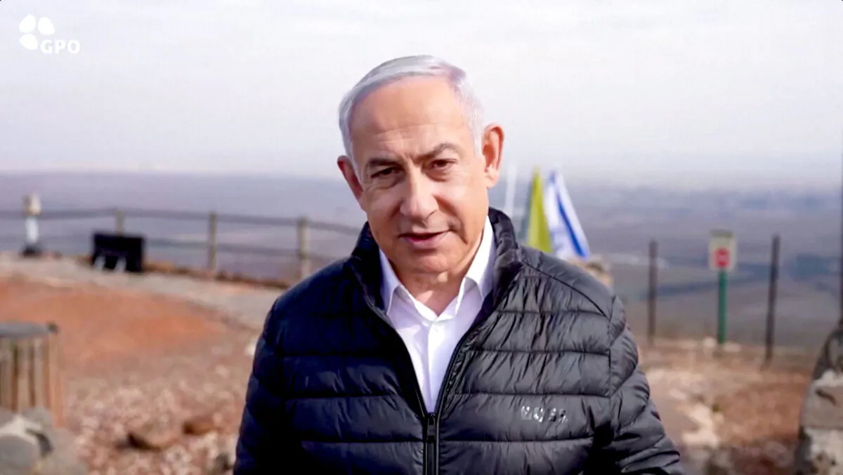 Israeli Prime Minister Benjamin Netanyahu speaks in Golan Heights on Dec. 8, 2024, in a still from video. (GPO via Reuters/Screenshot via The Epoch Times)