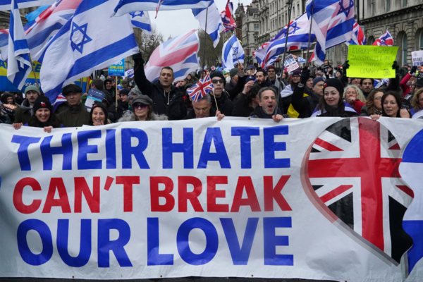 Demonstrators during a Campaign Against Antisemitism march and rally in central London, England, on Dec. 8, 2024. (Jonathan Brady/PA Wire)