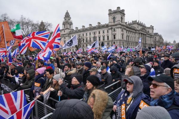 People in Parliament Square during a Campaign Against Antisemitism march and rally in central London, England, on Dec. 8, 2024. (Jonathan Brady/PA Wire)