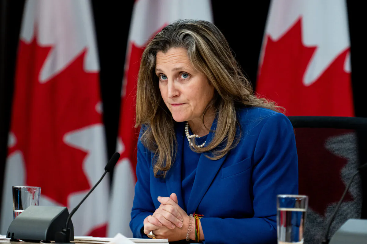 Minister of Finance and Deputy Prime Minister Chrystia Freeland listens to a question from a reporter (not seen) during a press conference at the National Press Theatre in Ottawa on Dec. 3, 2024. (The Canadian Press/Spencer Colby) 