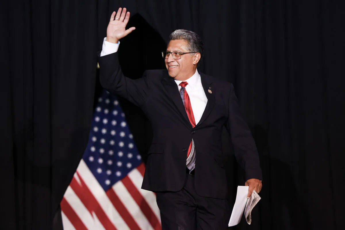 Rep. Greg Lopez (R-Colo.) walks on stage to speak at a campaign rally for former President Donald Trump,  in Aurora, Colo., on Oct. 11, 2024. (Michael Ciaglo/Getty Images)