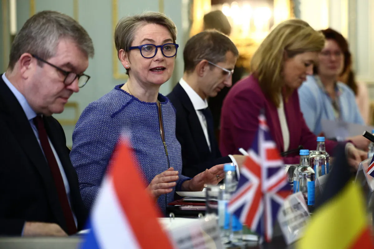 Home Secretary Yvette Cooper (second left) during a Calais Group meeting, co-chaired by the UK and Germany, with ministers from Britain, Germany, France, the Netherlands, and Belgium, to step up cooperation in the fight against gangs smuggling migrants into Europe, in London on Dec. 10, 2024. (Henry Nicholls/PA)