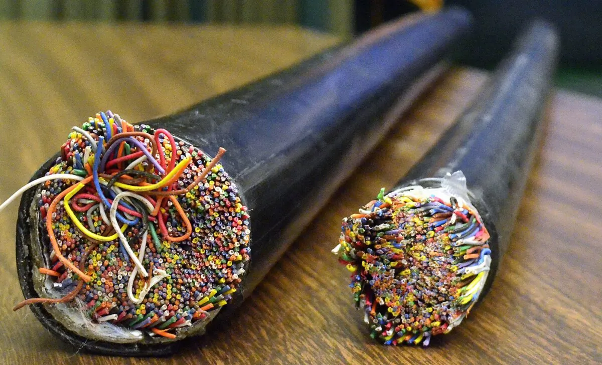 Network cables that have been targeted by thieves for the copper wire, on display at a news conference in Fresno, Calif., on May 2, 2012. (The Canadian Press/AP/The Fresno Bee, John Walker)