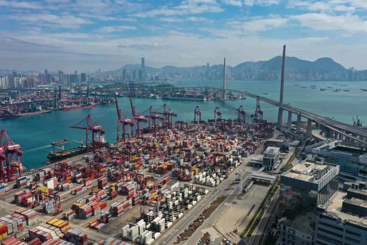 An aerial photo shows the container terminal at Tsing Yi in Hong Kong on Feb. 28, 2022. (Peter Parks/AFP via Getty Images)