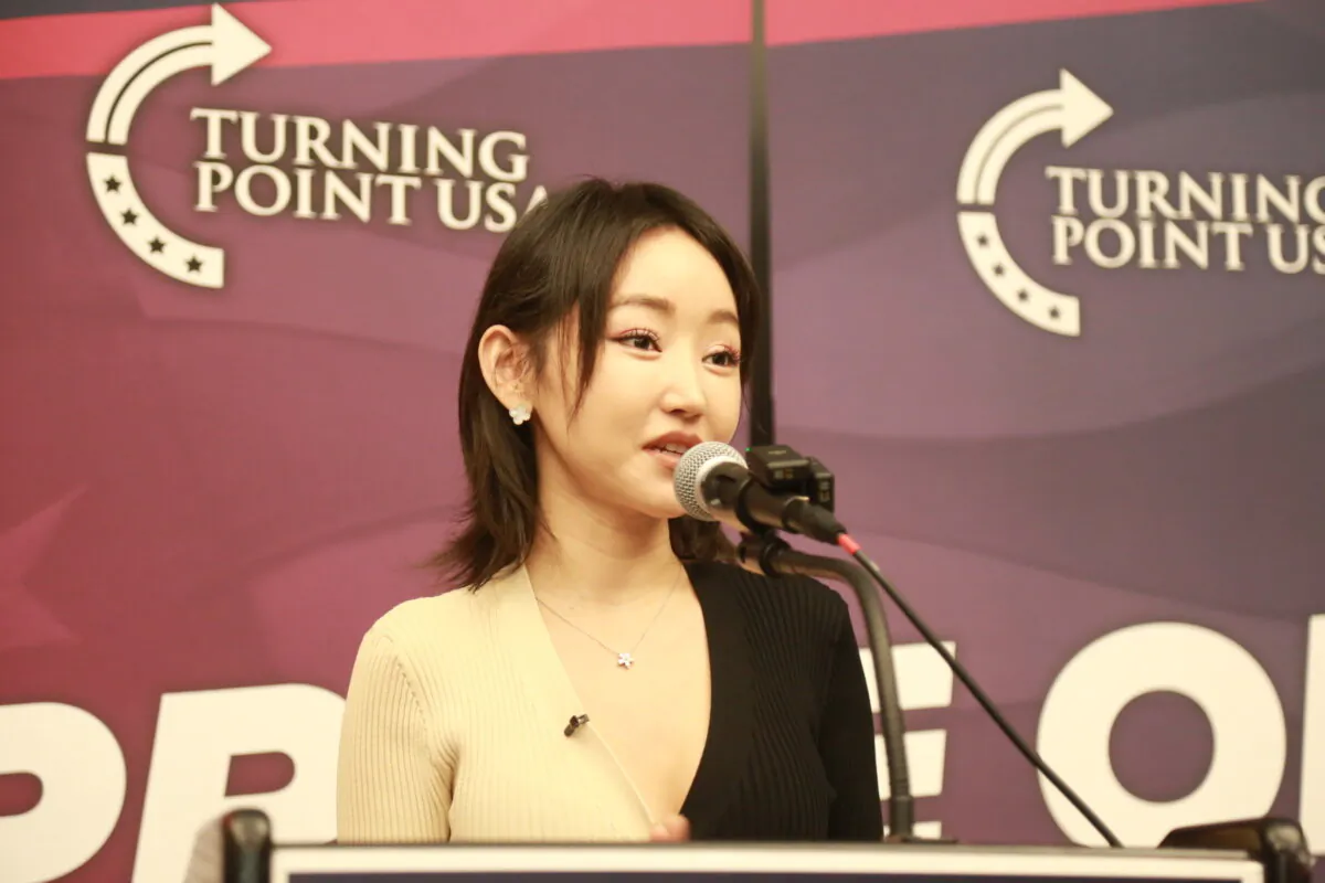 Yeonmi Park speaks at “The Price of Freedom” event by Turning Point USA at UC Berkeley on Dec. 5, 2024. (Kerry Xue/The Epoch Times)
