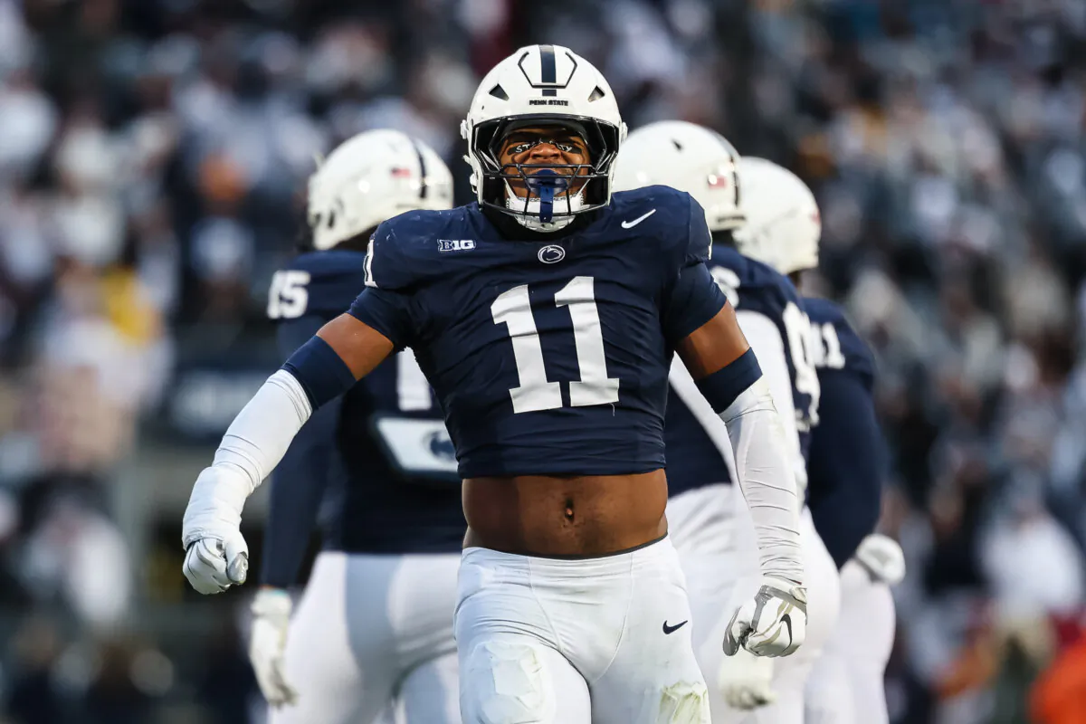 Abdul Carter of the Penn State Nittany Lions celebrates a sack against the Maryland Terrapins at Beaver Stadium in State College, Pa., on Nov. 30. (Scott Taetsch/Getty Images)