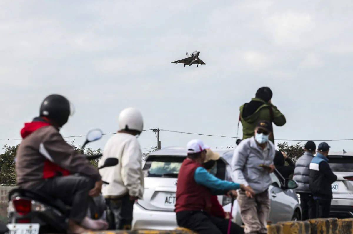 A Taiwanese Air Force Mirage 2000 fighter jet prepares to land at an Air Force base in Hsinchu, Taiwan, on Dec. 10, 2024. (I-Hwa Cheng/AFP via Getty Images)