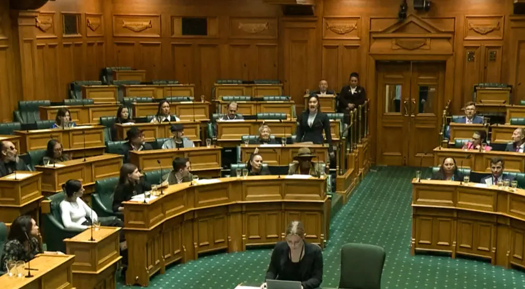 This frame grab taken from a New Zealand Parliament TV feed dated Nov. 14, 2024, and released via AFPTV on Nov. 15 shows Maori lawmaker Hana-Rawhiti Maipi-Clarke (C) standing up during a first reading of the Principles of the Treaty of Waitangi Bill and performing a Haka dance as she is joined by other opposition members. (New Zealand Parliament /AFPTV/AFP via Getty Images)