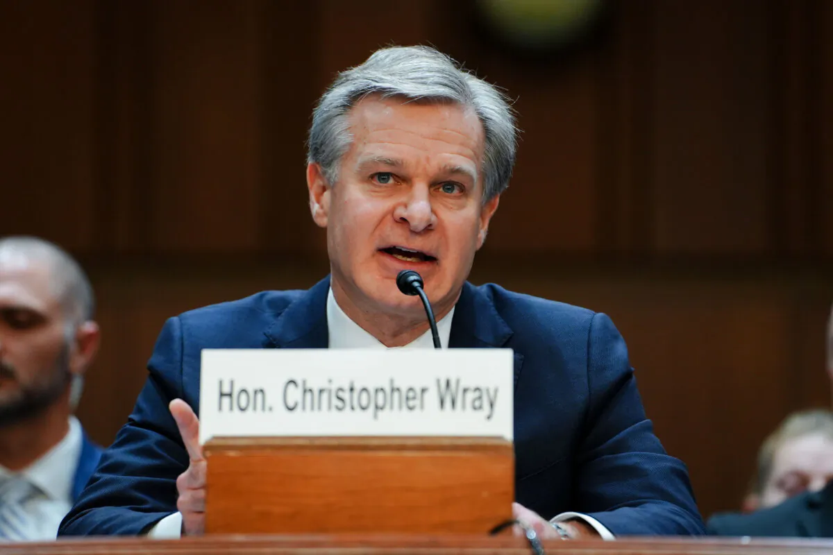 FBI director Christopher Wray testifies before the Senate Judiciary Committee in Washington on Dec. 5, 2023. (Madalina Vasiliu/The Epoch Times)