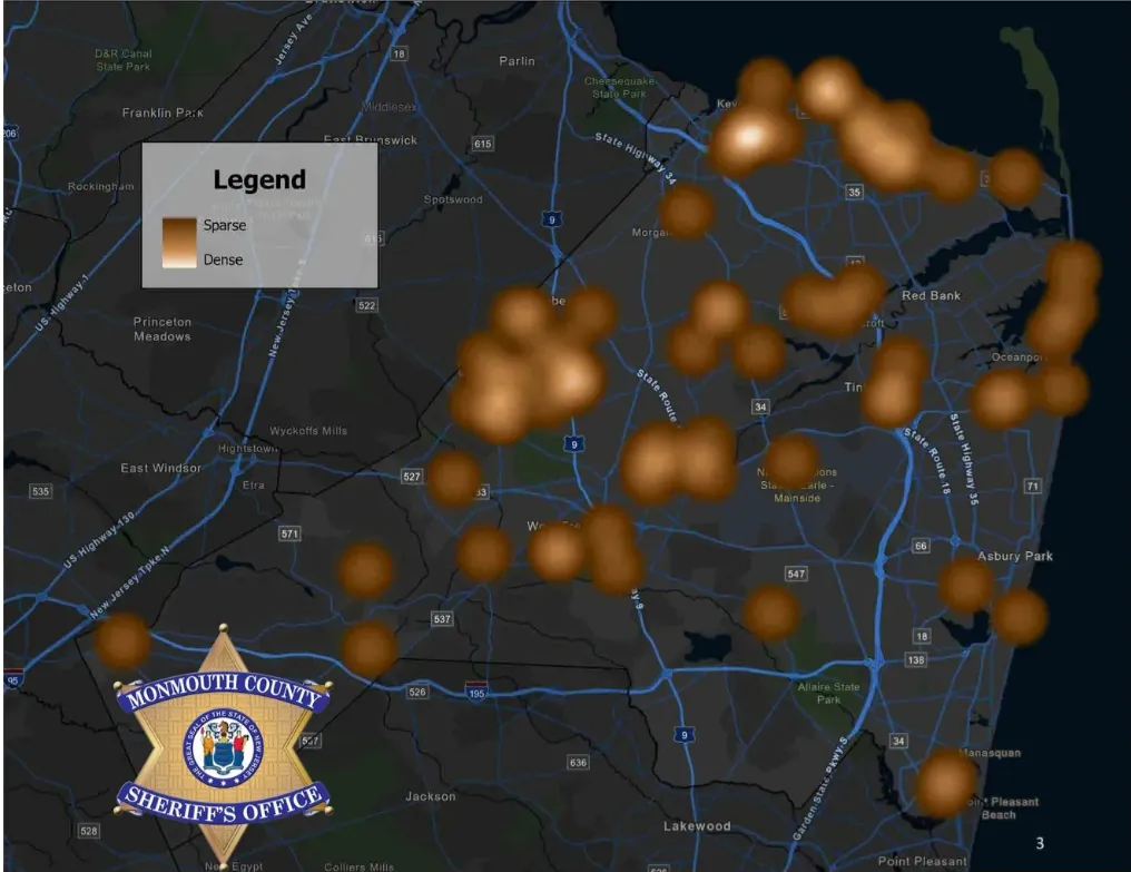 A map of drone sightings across Monmouth County. --Monmouth County Sherriff's Office