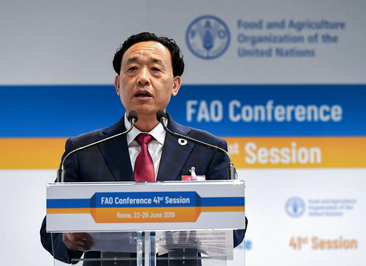 Then-Chinese candidate to head the Food and Agriculture Organization (FAO) Qu Dongyu addresses FAO members and delegates during the plenary assembly for the election of the new FAO director-general held at the FAO headquarters, in Rome on June 22, 2019. (Vincenzo Pinto/AFP via Getty Images)