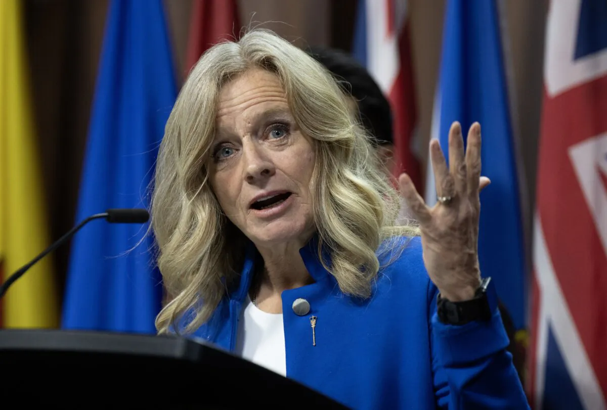 Rachel Notley speaks about proposed changes surrounding transgender youth, on Feb. 1, 2024, on Parliament Hill in Ottawa. (The Canadian Press/Adrian Wyld) 