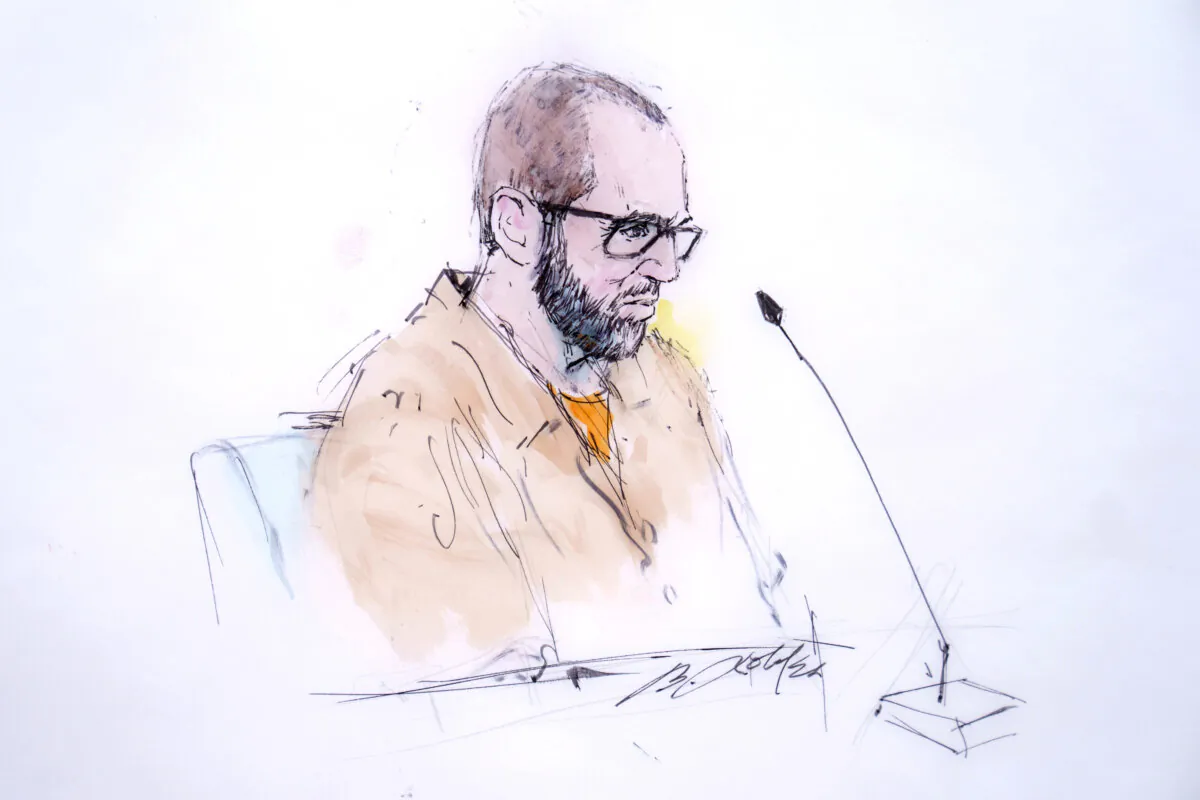 In this courtroom sketch, defendant Alexander Smirnov speaks in Federal court in Los Angeles on Feb. 26, 2024. (William T. Robles via AP)