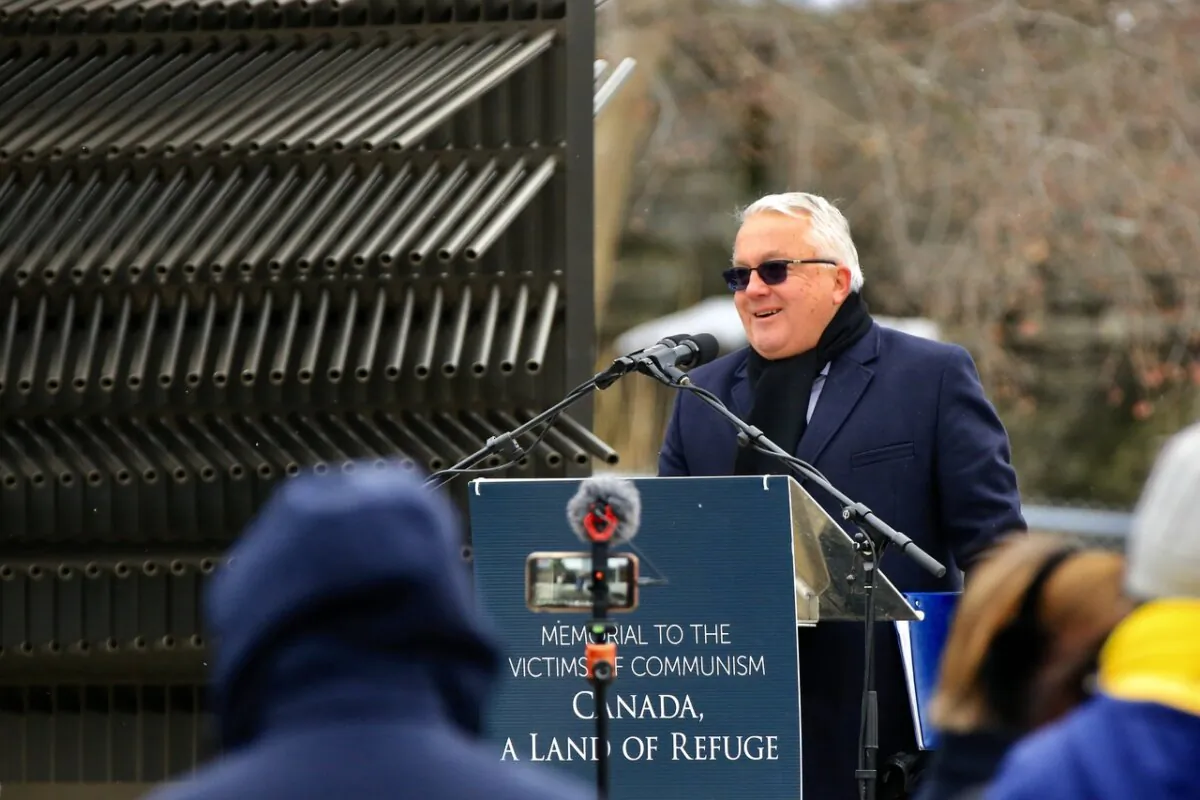 Ludwik Klimkowski, Chair of the Board of Tribute to Liberty, addresses the audience during the opening ceremony of the Memorial to the Victims of Communism in Ottawa on Dec. 12, 2024.(Jonathan Ren/The Epoch Times)