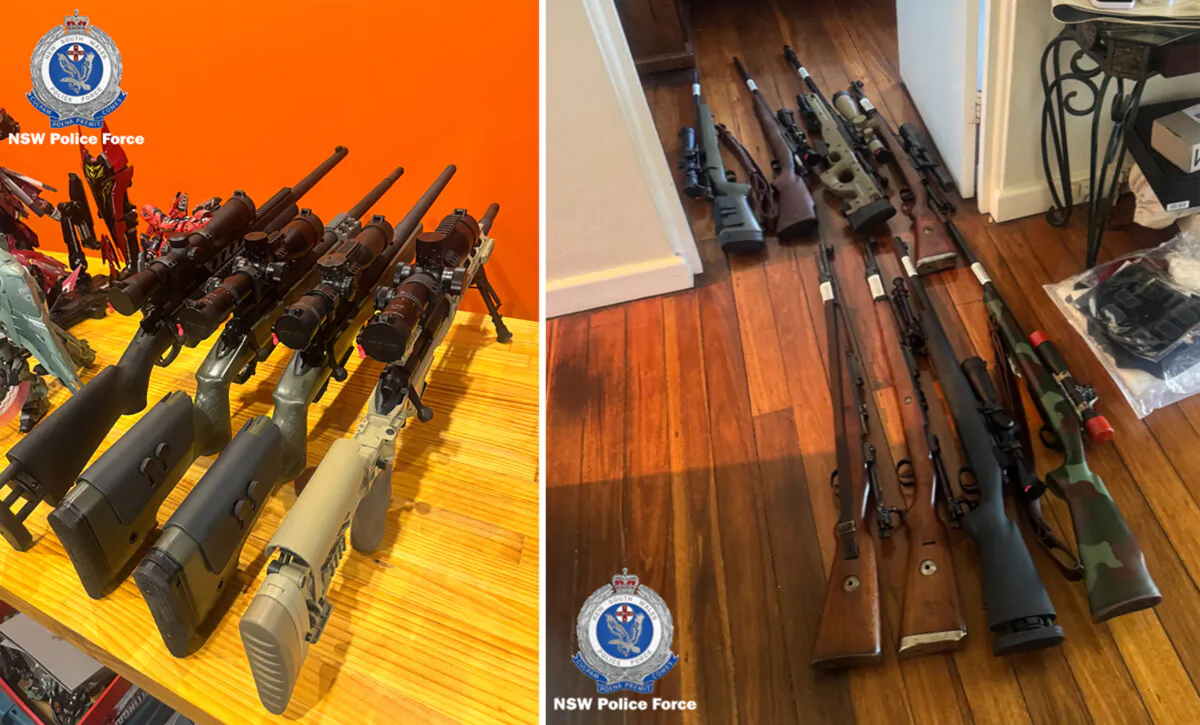 A diptych of two supplied images of a series of guns seized from a Sydney home in NSW obtained on Dec. 13, 2024. (AAP Image/Supplied by NSW Police)