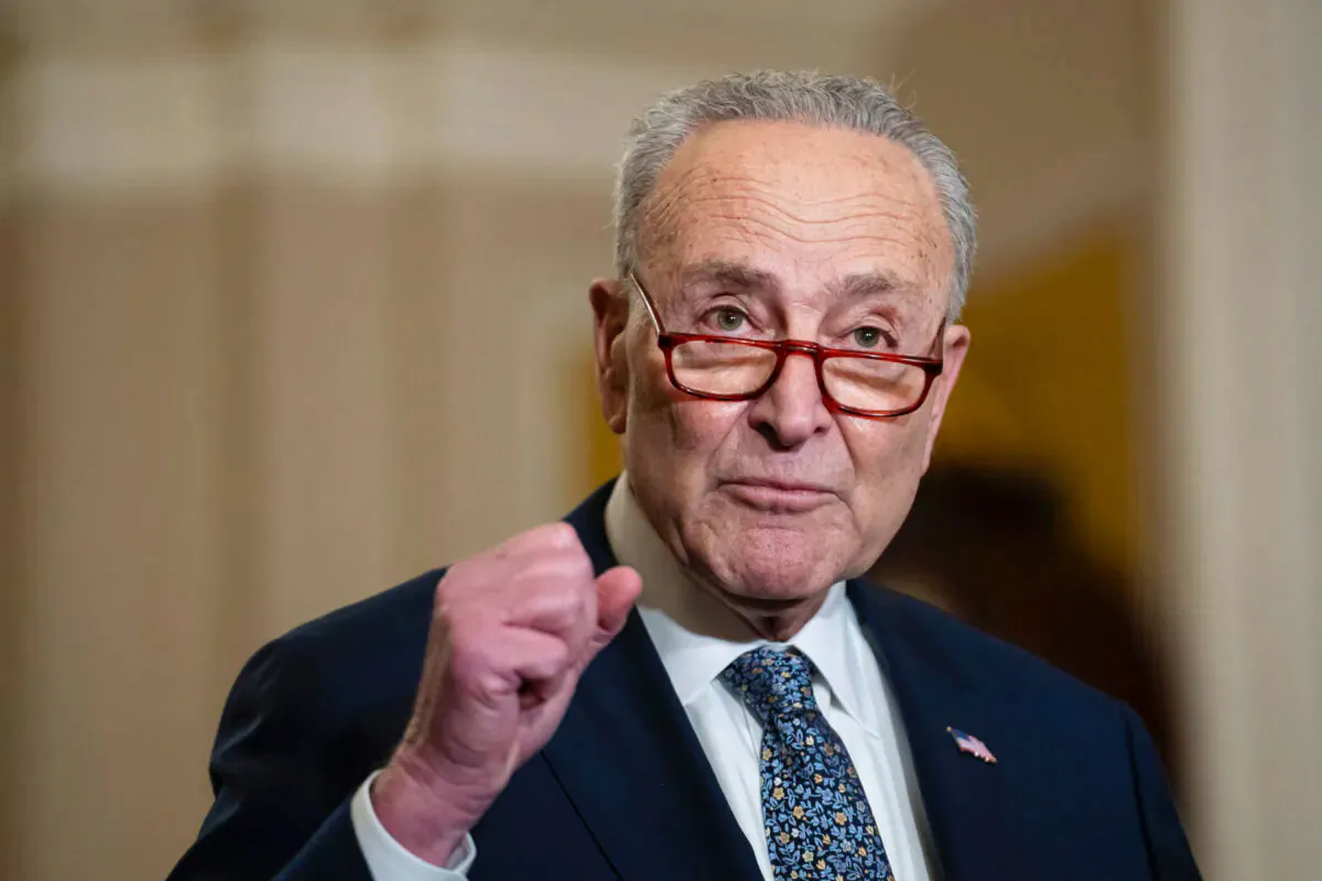 Then-Senate Majority Leader Chuck Schumer (D-N.Y.) speaks to the press in Washington on Nov. 13. (Madalina Vasiliu/The Epoch Times)