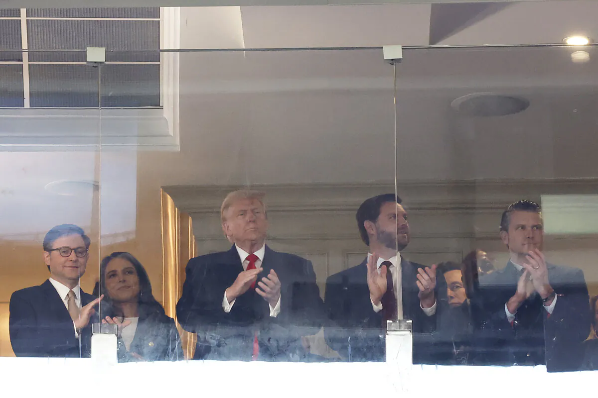 (L–R) Speaker of the House Mike Johnson (R-La.), National Intelligence Director nominee former U.S. Rep. Tulsi Gabbard, President-elect Donald Trump, Vice President-elect JD Vance, and Defense Secretary nominee Pete Hegseth attend the 125th Army-Navy football game at Northwest Stadium  in Landover, Md., on Dec. 14, 2024. (Kevin Dietsch/Getty Images)