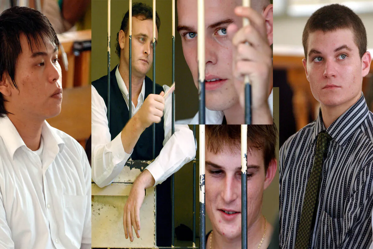 A combination image created on Nov. 24, 2024 of the “Bali Nine”(L-R) Si-Yi Chen, Martin Stephens, Matthew Norman (top), Michael Czugaj (bottom) and Scott Rush. (AAP Image/Mick Tsikas) 