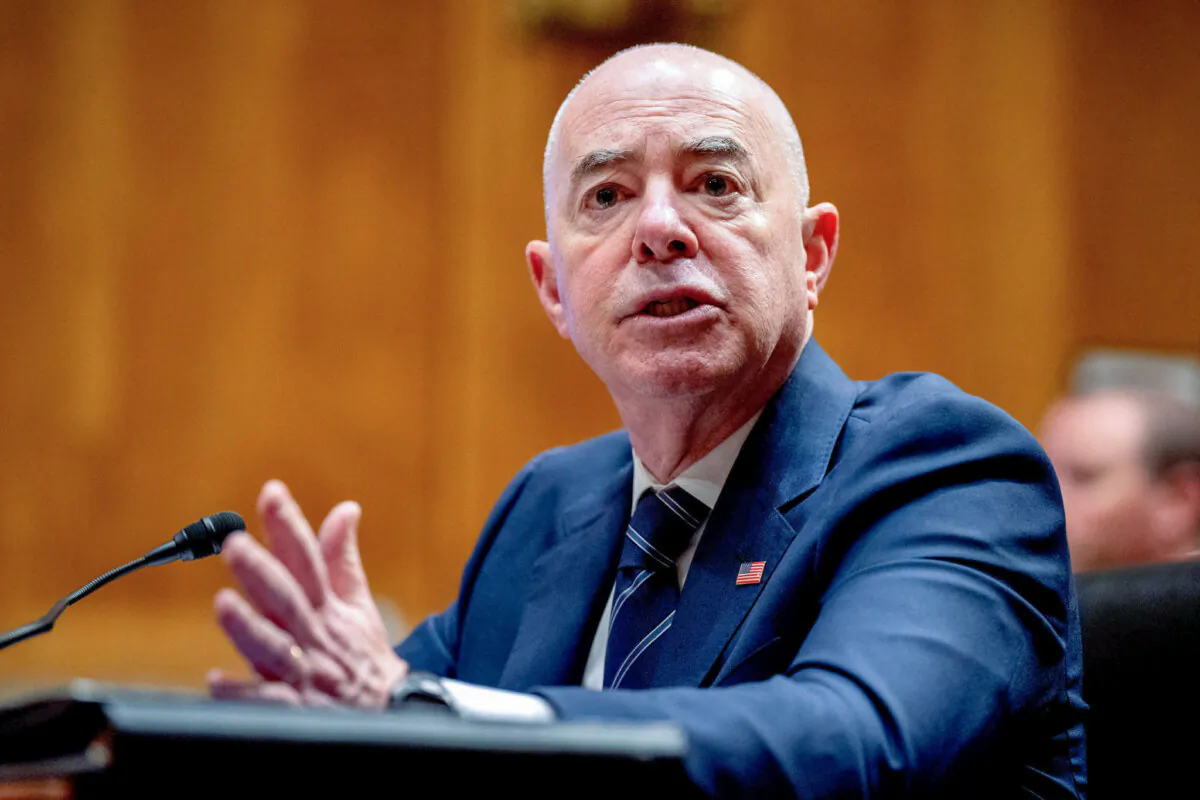 Homeland Security Secretary Alejandro Mayorkas speaks during a Senate Homeland Security and Governmental Affairs committee hearing on the department's budget request on Capitol Hill in Washington on April 18, 2024. (Andrew Harnik/Getty Images)