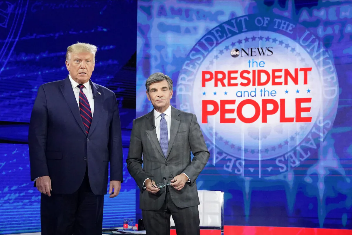 President Donald Trump poses with ABC New anchor George Stephanopoulos ahead of a town hall event at the National Constitution Center in Philadelphia on Sept. 15, 2020. (Mandel Ngan/AFP via Getty Images)