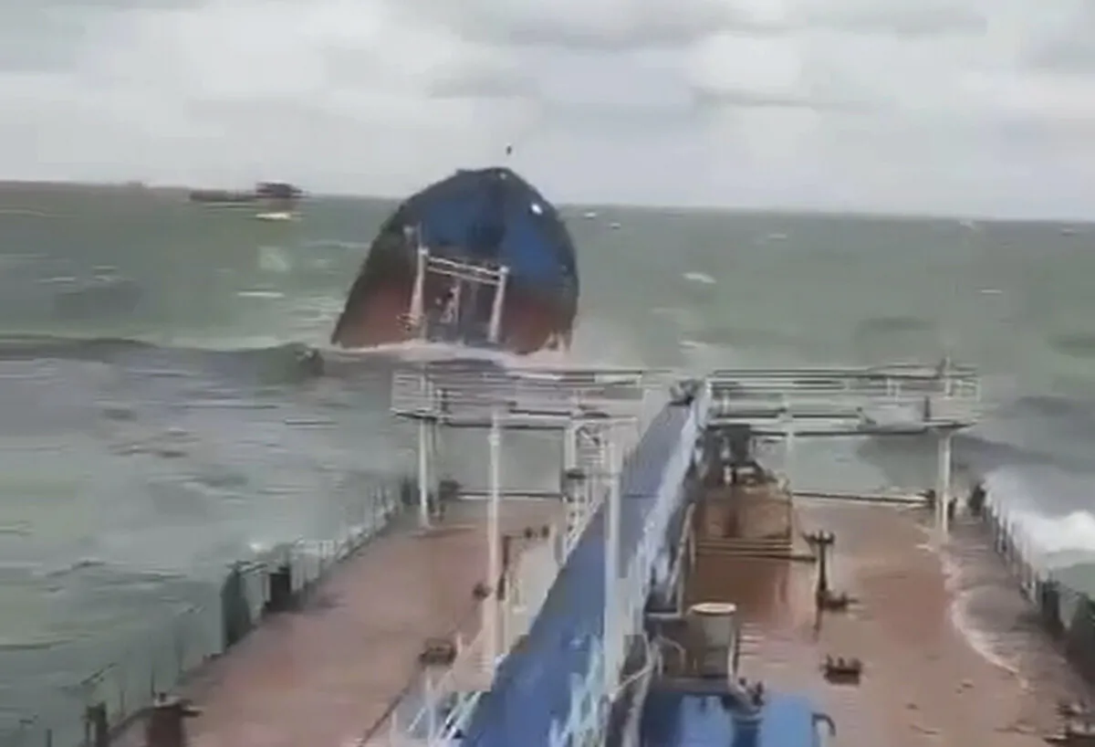 A Volgoneft-212 tanker wrecked by a storm in the Kerch Strait, Russia, on Dec. 15, 2024, in a still from video. (The Russian Southern Transport Prosecutor's Office via AP)