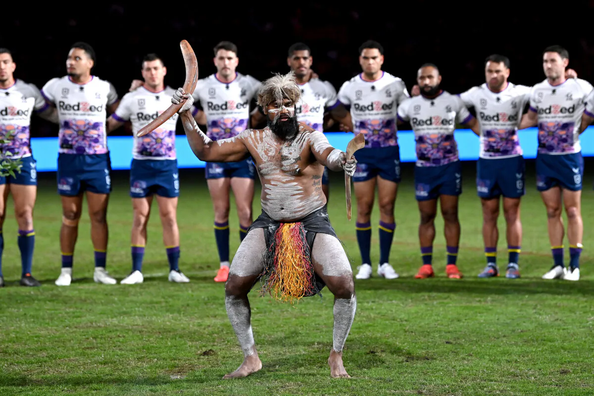 An Indigenous dancer performs a Welcome to Country ceremony before round 12 NRL match between Dolphins and Melbourne Storm at Suncorp Stadium in Brisbane, Australia on May 20, 2023. (Bradley Kanaris/Getty Images)