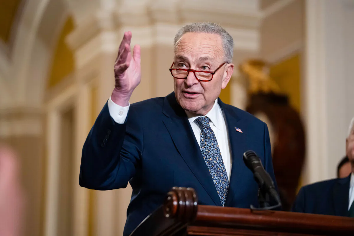 Then-Senate Majority Leader Chuck Schumer (D-N.Y.) speaks to the press after the Senate Republican leadership election in Washington on Nov. 13, 2024. (Madalina Vasiliu/The Epoch Times)