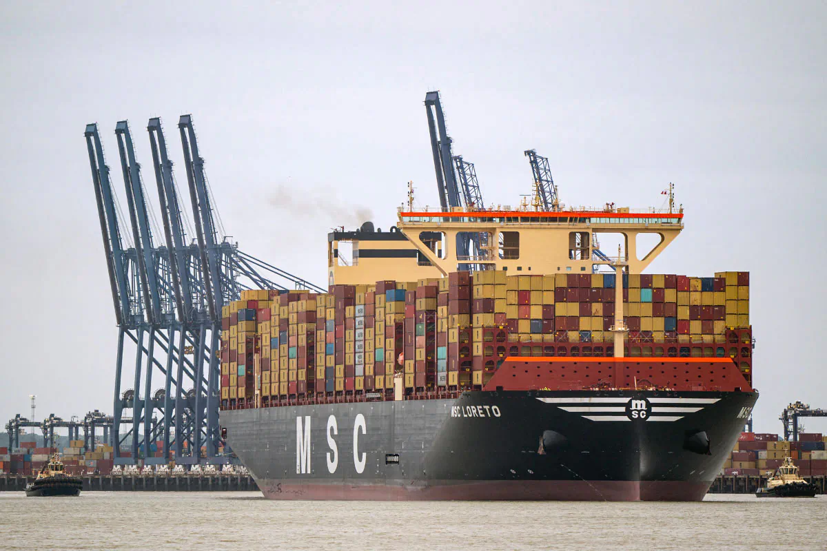 The world’s largest cargo ship MSC Loreto leaves the Port of Felixstowe in Suffolk, England, on June 2, 2023. (Joe Giddens/PA Wire)