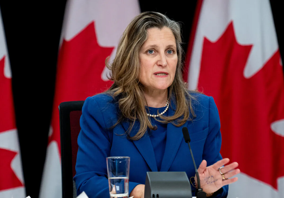 Then-Minister of Finance and Deputy Prime Minister Chrystia Freeland takes part in a press conference at the National Press Theatre in Ottawa, on Dec. 3, 2024. (The Canadian Press/Spencer Colby)