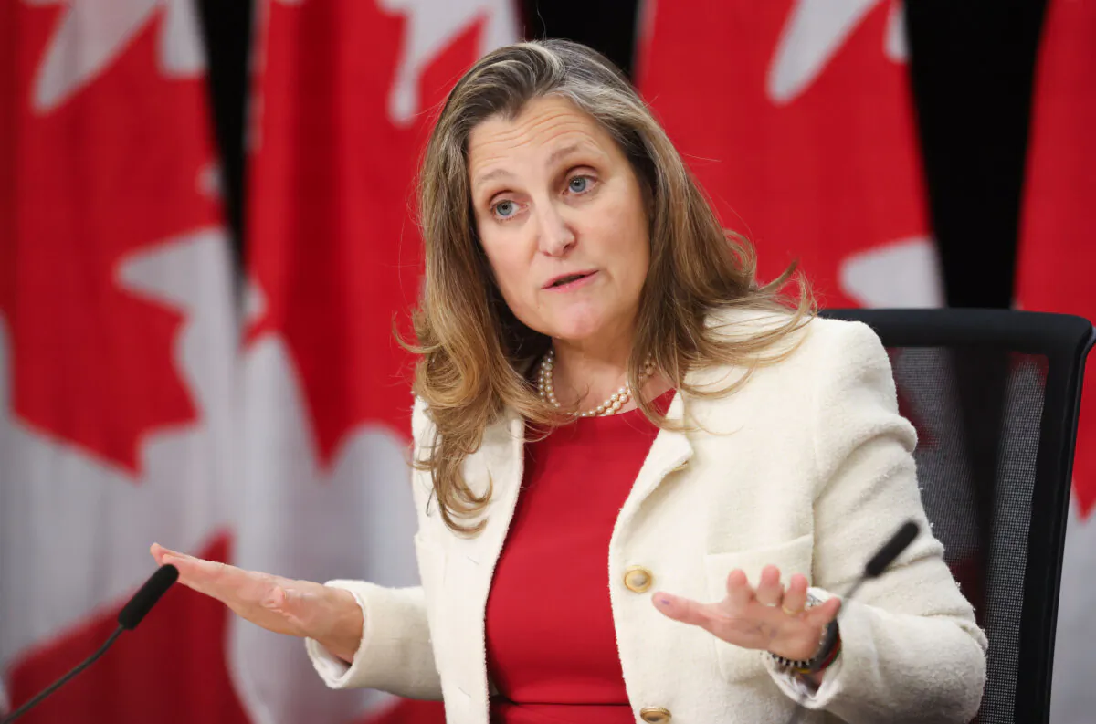Minister of Finance and Deputy Prime Minister Chrystia Freeland speaks at a press conference in Ottawa on Nov. 19, 2024. (The Canadian Press/Patrick Doyle)