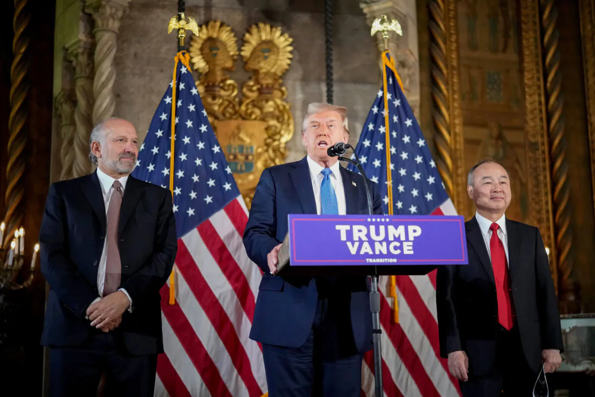President-elect Donald Trump delivers remarks alongside SoftBank CEO Masayoshi Son (R) and Trump's choice for Secretary of Commerce, Cantor Fitzgerald Chairman and CEO Howard Lutnick at Trump’s Mar-a-Lago resort in Palm Beach, Fla., on Dec. 16, 2024. (Andrew Harnik/Getty Images)