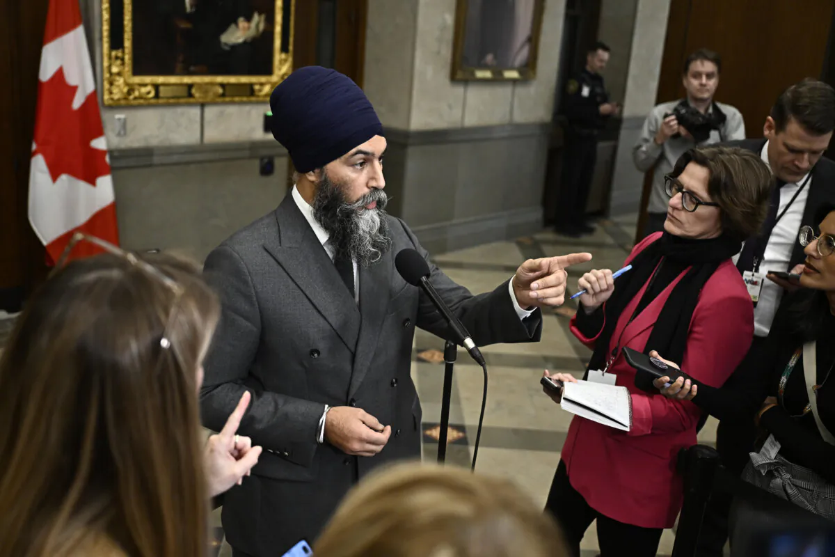 NDP Leader Jagmeet Singh speaks at a media availability in the Foyer of the House of Commons on Parliament Hill, in Ottawa, on Dec. 16, 2024. (The Canadian Press/Justin Tang)