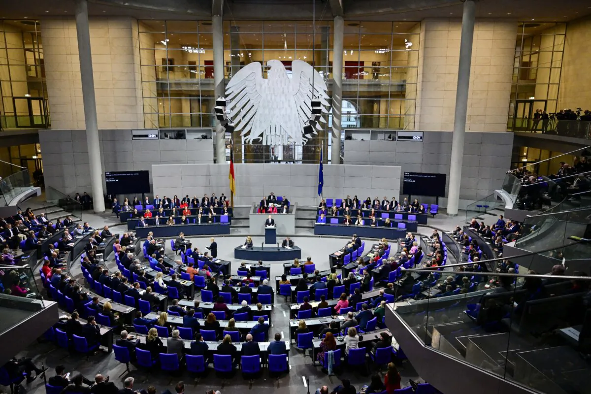 An overview shows German Chancellor Olaf Scholz (C) as he addresses the Bundestag (Lower house of Parliament) in Berlin on Dec. 16, 2024, ahead of a no-confidence vote against him. (John Macdougall/ AFP via Getty Images)