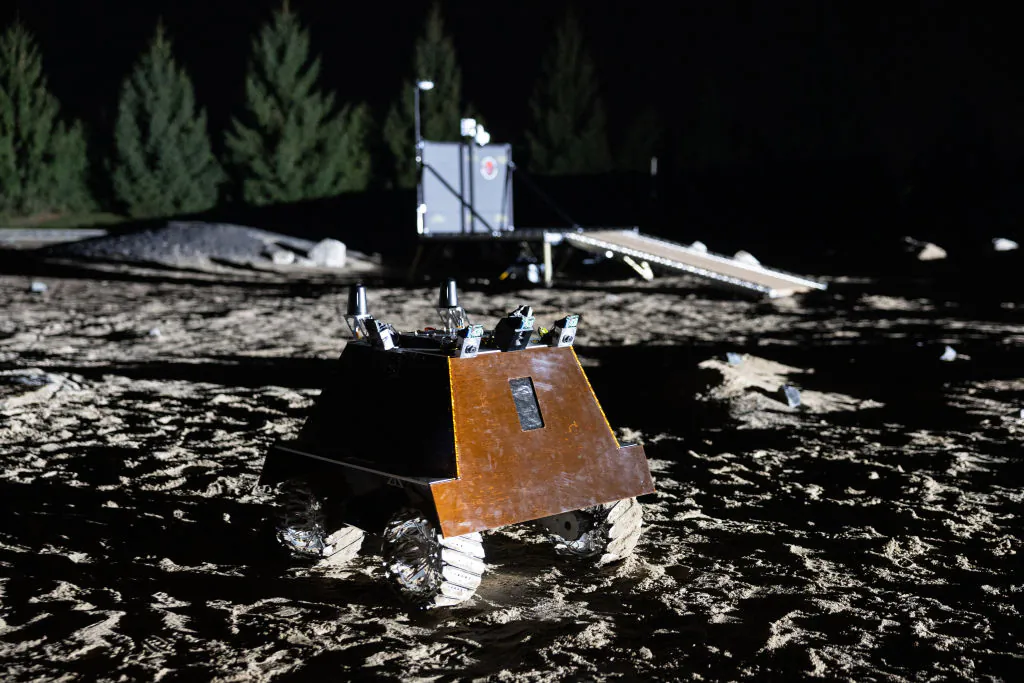 A Canadian lunar rover is seen during a demonstration outside the Canadian Space Agency's (CSA) John H. Chapman Space Centre in Longueuil, Quebec, Canada, on October 30, 2024. The Canadian rover will land on the south pole of the Moon. (Photo by Alexis Aubin / AFP) (Photo by ALEXIS AUBIN/AFP via Getty Images)