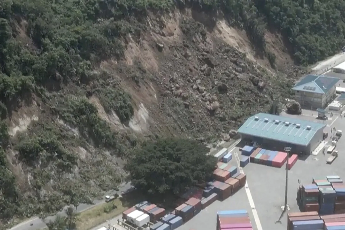 A landslide near an international shipping terminal in Port Vila, Vanuatu following a powerful earthquake on Dec. 17, 2024, in a still from video. (Dan McGarry via AP)