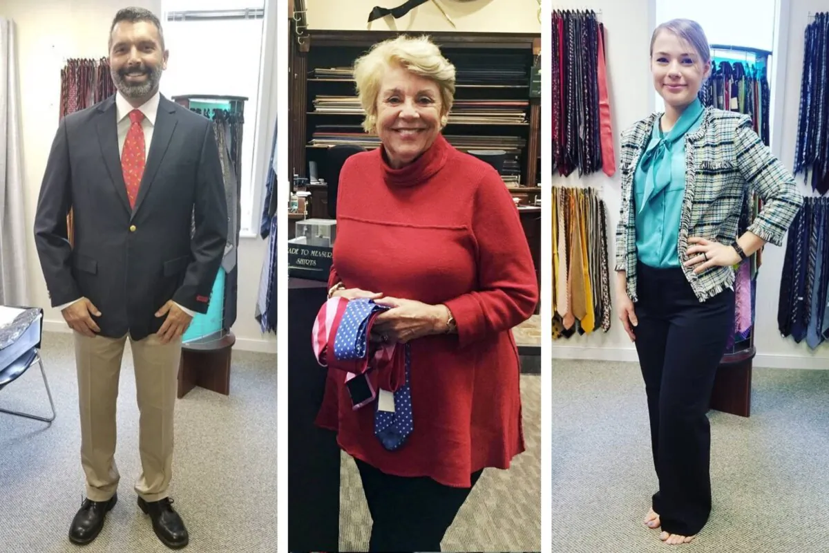 Sue Ferrell (center), founder of Boots to Suits, and two veterans dressed by her organization. (Boots to Suits)