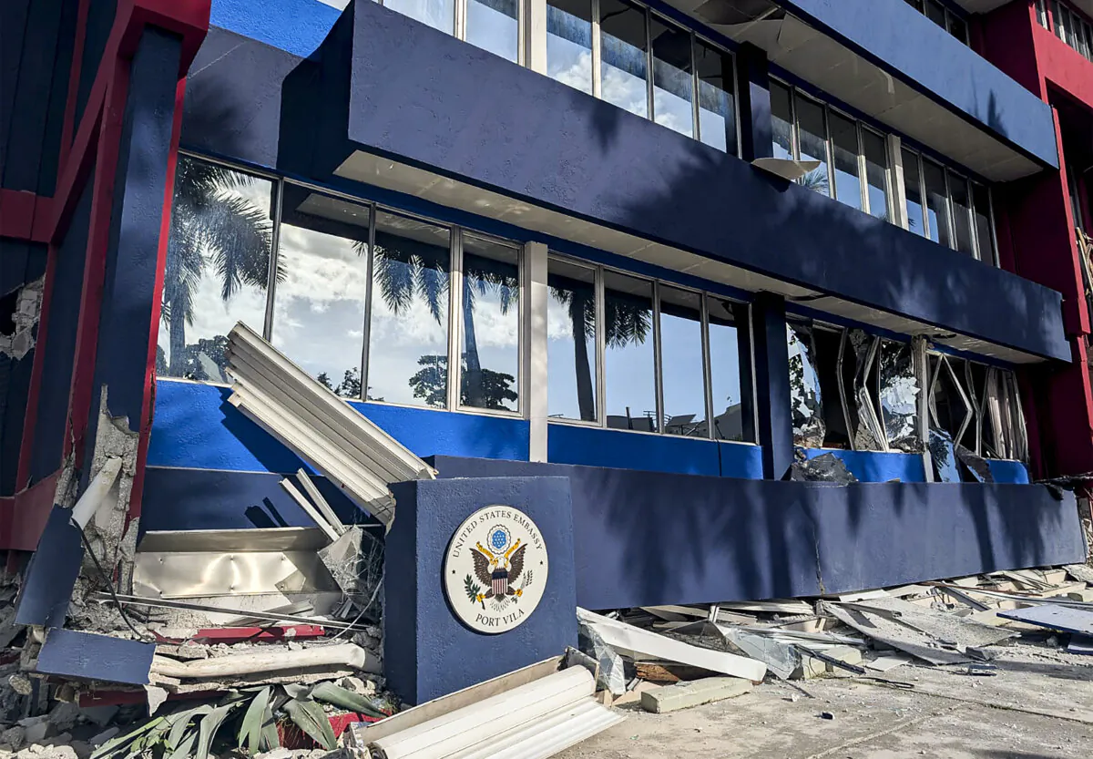 This photo shows a general view of a severely damaged building housing the embassies of the United States, United Kingdom, and New Zealand after a powerful earthquake struck Port Vila, the capital city of Vanuatu, on Dec. 17, 2024. (STR/AFP via Getty Images)